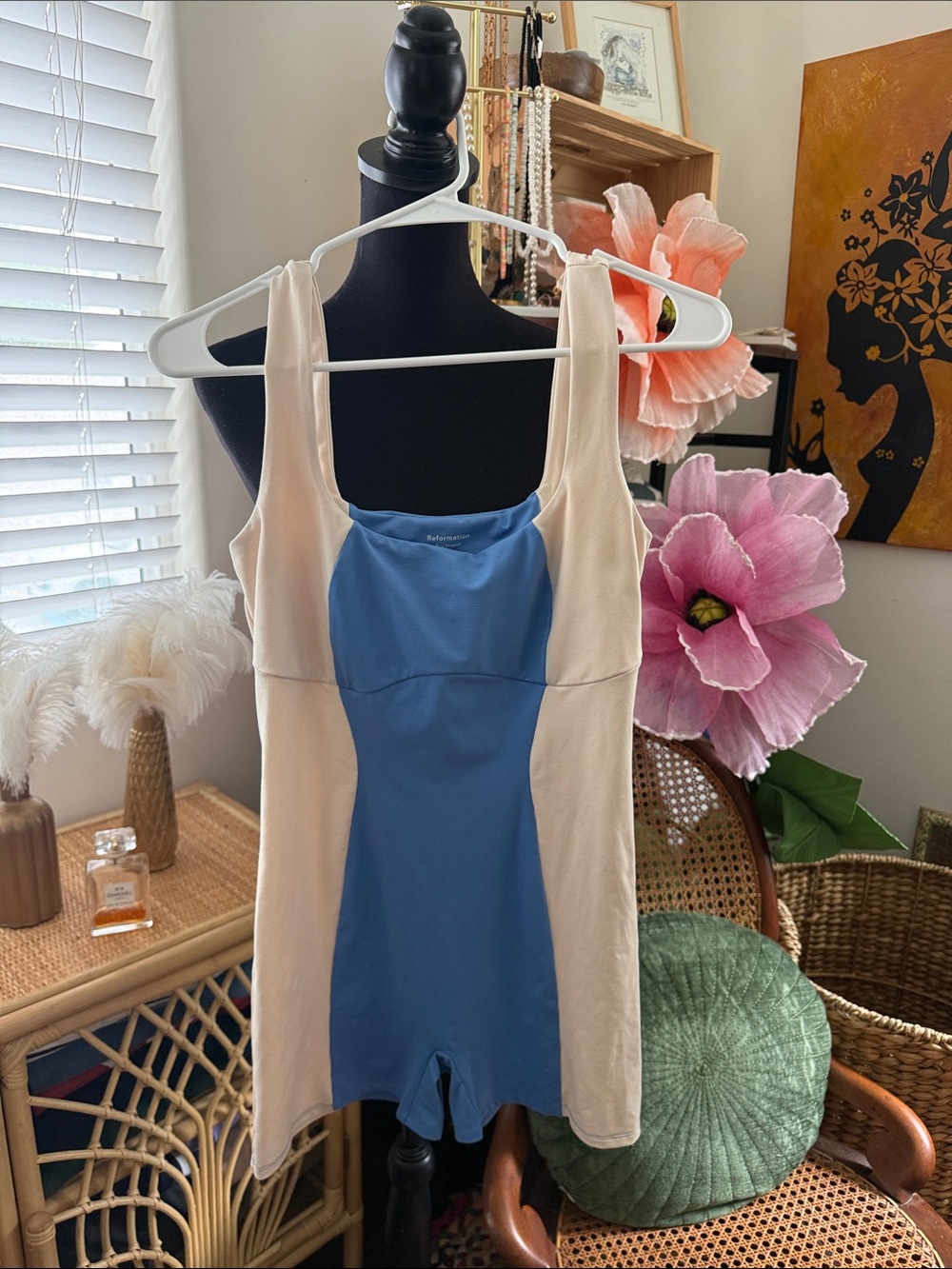 Reformation Adelyn Blue & Cream EcoStretch Shorts Romper